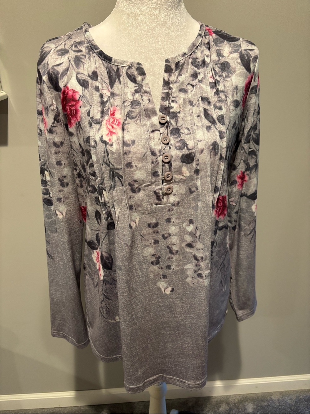 Gray Floral Henley Long Sleeve Top with Pink Accents